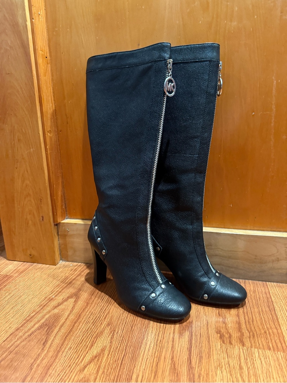 Michael Kors Black Leather Knee-High Heeled Boots with Silver Accents